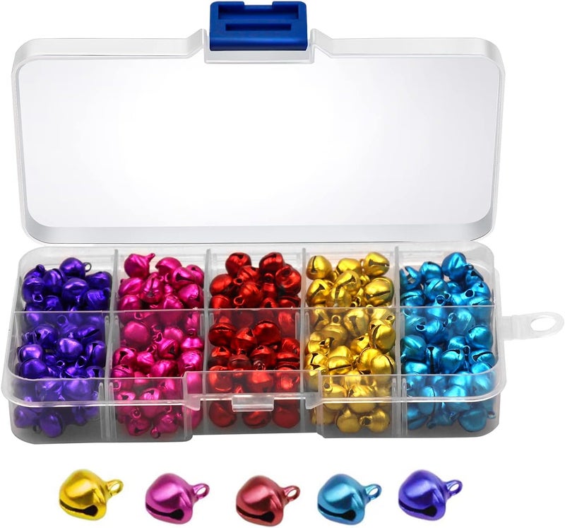Arbootjin 300 Pcs Jingle Bells,0.3 Inch Craft Bells Colored Christmas Jingle Bells Small Bell DIY Bells with Storage Box for Christmas,Party, Festival Decoration and Home Decoration (5 Colors) - Image 1